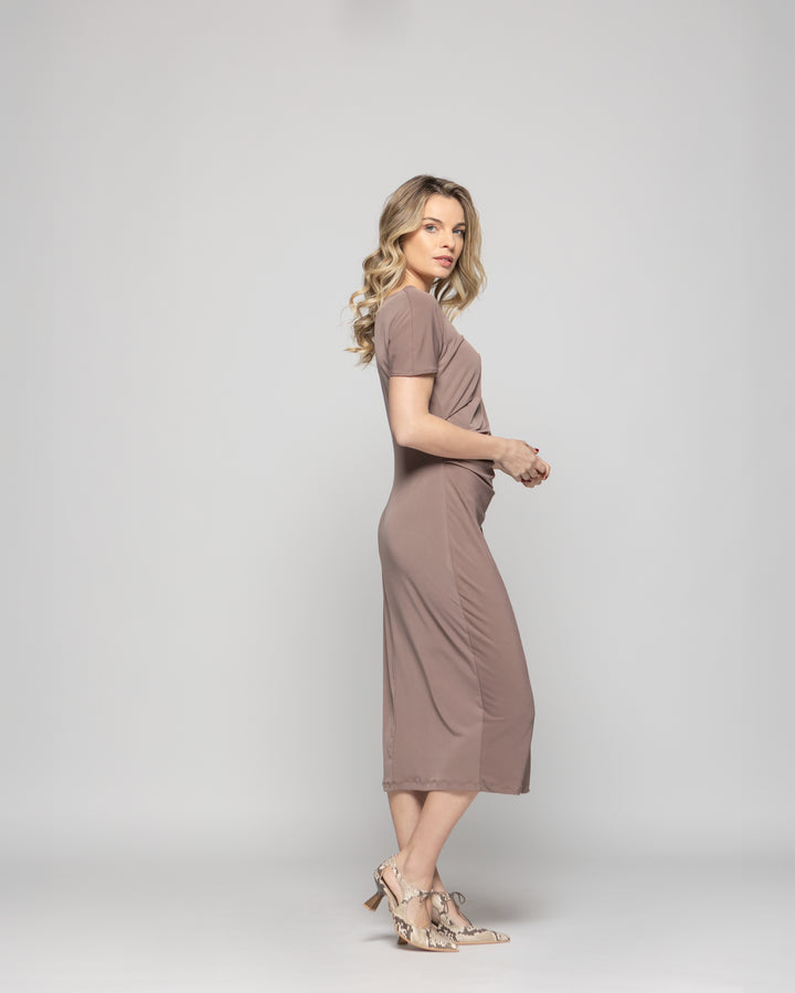 Vestido Mujer Alelí Midi Manga Corta Drapeado En Cintura Café Taupe Ludovica