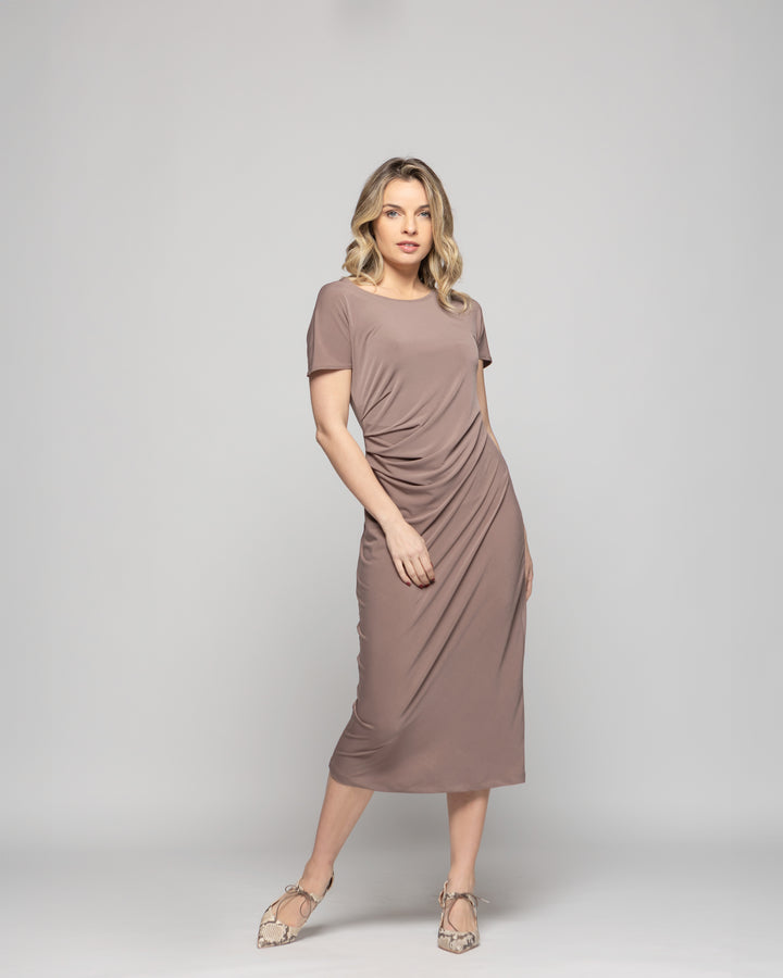 Vestido Mujer Alelí Midi Manga Corta Drapeado En Cintura Café Taupe Ludovica