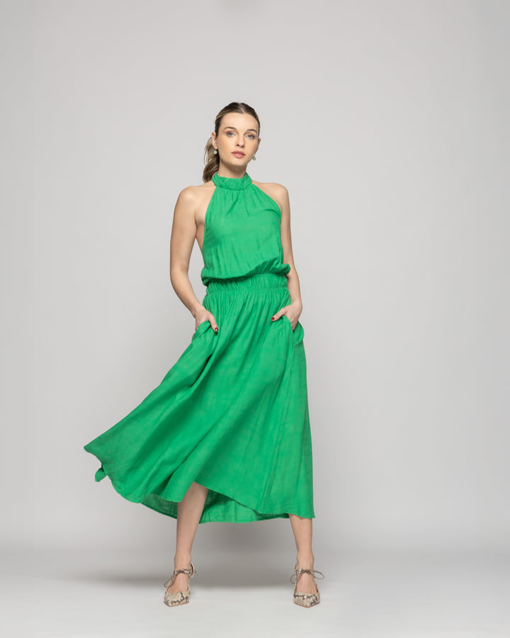 Vestido Mujer Gerbera Largo Escote Halter Cintura Ajustada Verde Ludovica