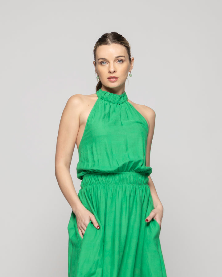 Vestido Mujer Gerbera Largo Escote Halter Cintura Ajustada Verde Ludovica