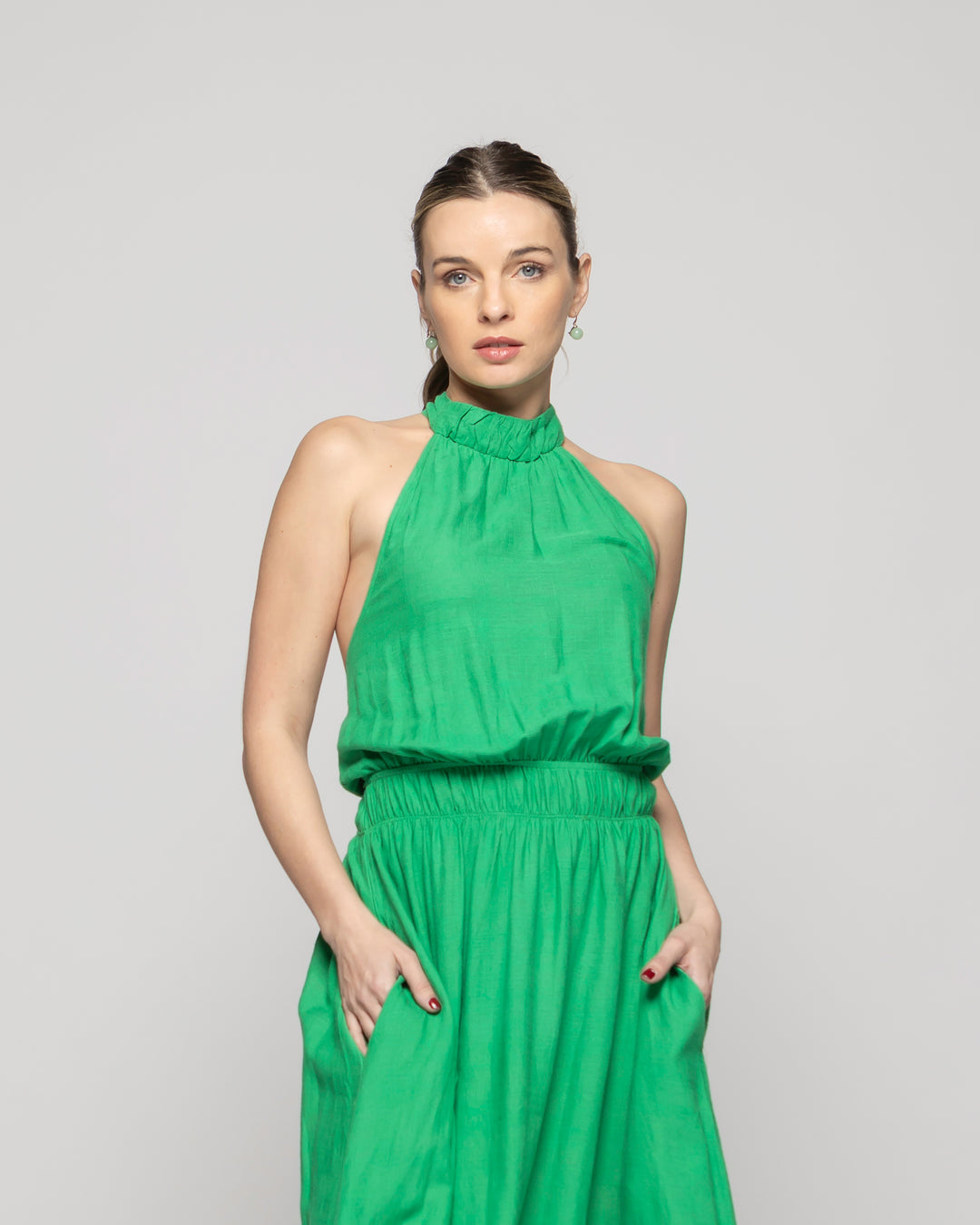 Vestido Mujer Gerbera Largo Escote Halter Cintura Ajustada Verde Ludovica