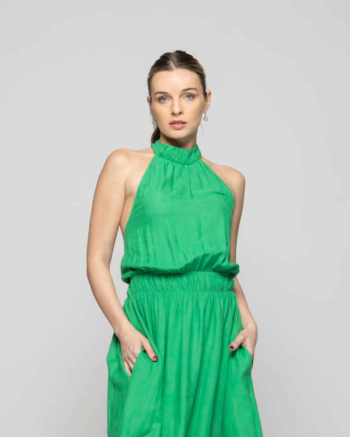 Vestido Mujer Gerbera Largo Escote Halter Cintura Ajustada Verde Ludovica