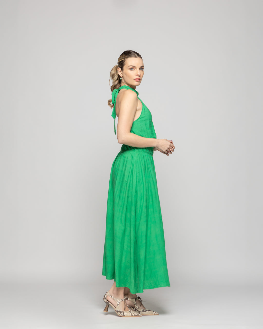 Vestido Mujer Gerbera Largo Escote Halter Cintura Ajustada Verde Ludovica