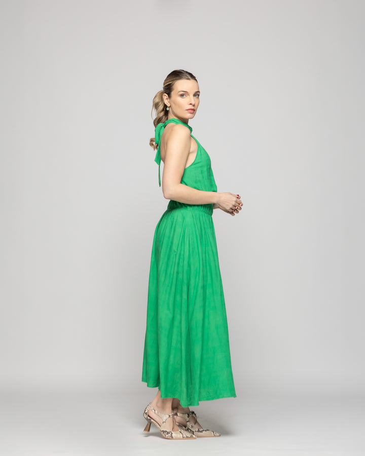Vestido Mujer Gerbera Largo Escote Halter Cintura Ajustada Verde Ludovica