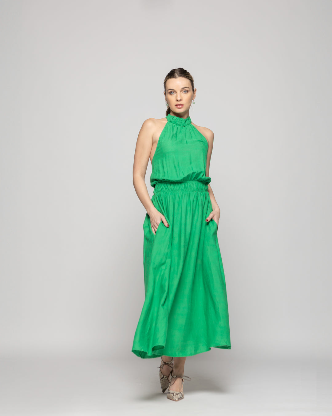 Vestido Mujer Gerbera Largo Escote Halter Cintura Ajustada Verde Ludovica