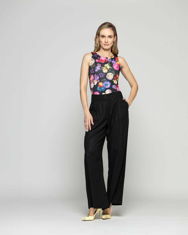 Body Mujer Lantana Escote Redondo Sin Mangas Estampado Flores Negro Ludovica