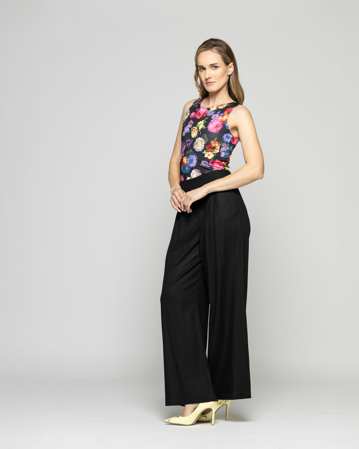 Body Mujer Lantana Escote Redondo Sin Mangas Estampado Flores Negro Ludovica