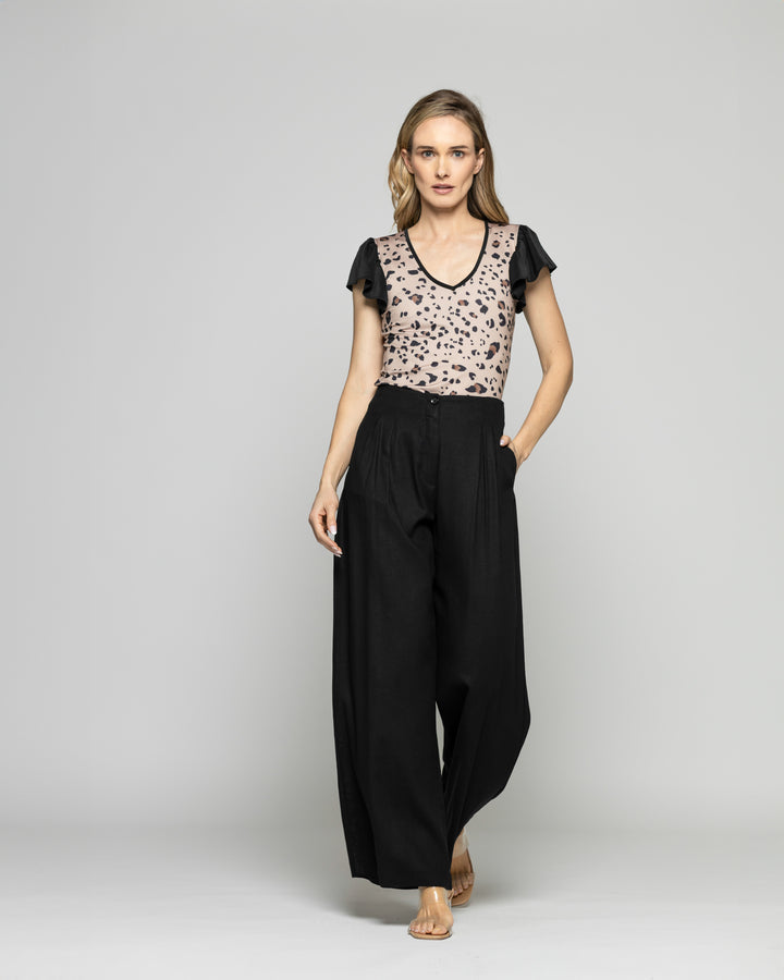Body Mujer Clavelina Escote V Manga Corta Con Vuelos Animal Print Leopardo Ludovica