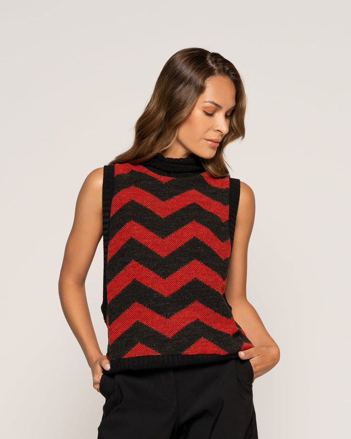 Sweater Lucía Negro y Rojo Zigzag Relaxed Fit Sin Mangas Ludovica
