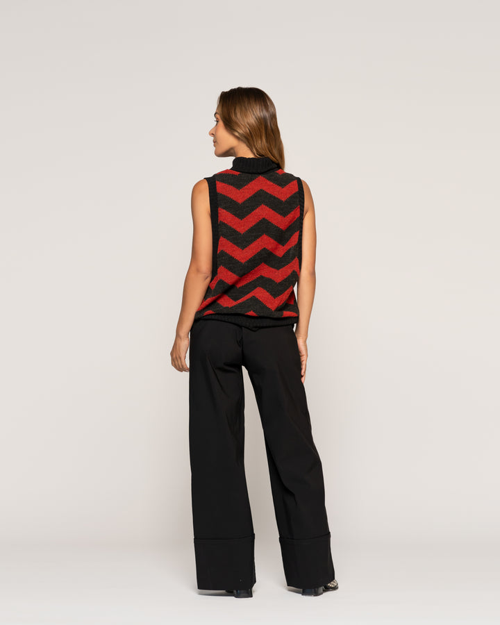 Sweater Lucía Negro y Rojo Zigzag Relaxed Fit Sin Mangas Ludovica