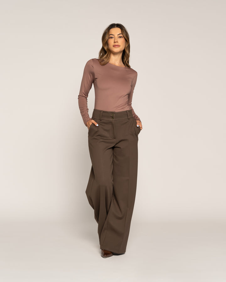 Body Belén Ajustado Moka Manga Larga Cuello Redondo Ludovica